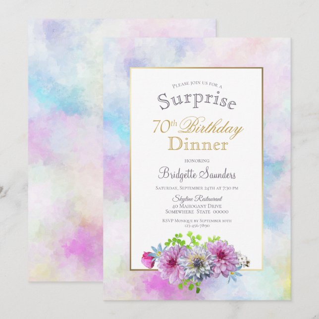 Invitation Pink Floral 70e anniversaire Dîner surprise (Devant / Derrière)