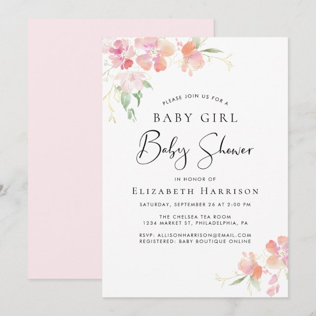 Invitation Pink Floral Baby Girl Douche (Devant / Derrière)