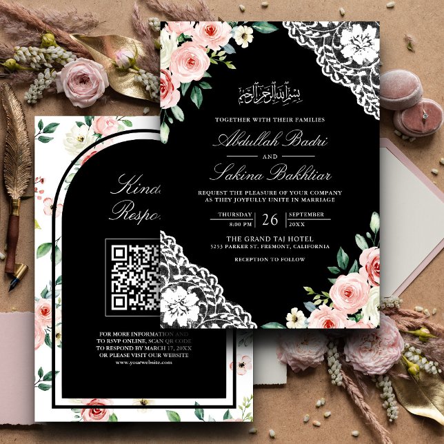 Invitation Pink Floral Black Lace QR Code Mariage musulman (Créateur téléchargé)
