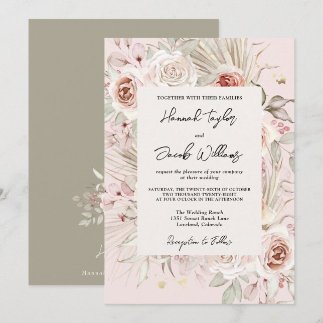 Invitation PInk Floral Boho Rustic Mariage (Devant / Derrière)