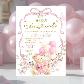 Invitation Pink Floral Bow Coquette Bearly Wait Baby Shower