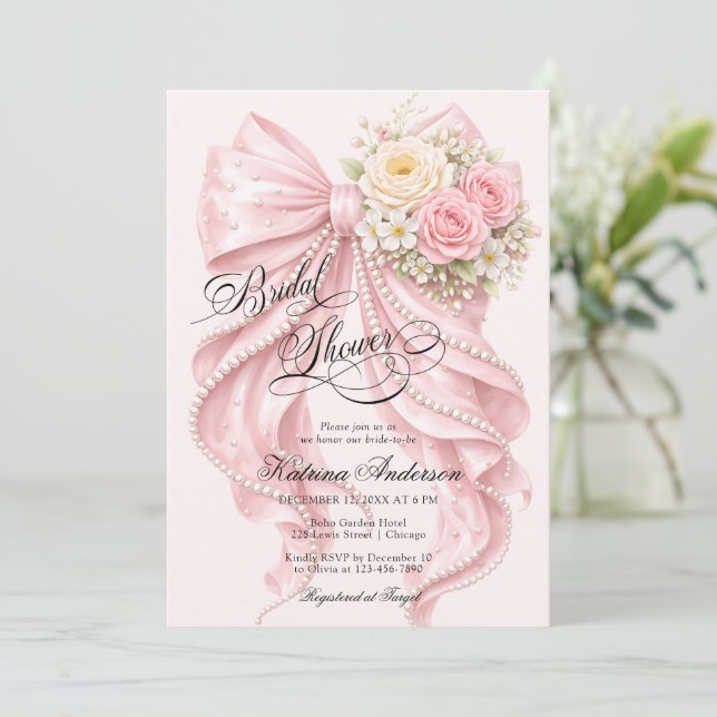Invitation Pink Floral Bow Elegant Bridal Shower  (Debout devant)