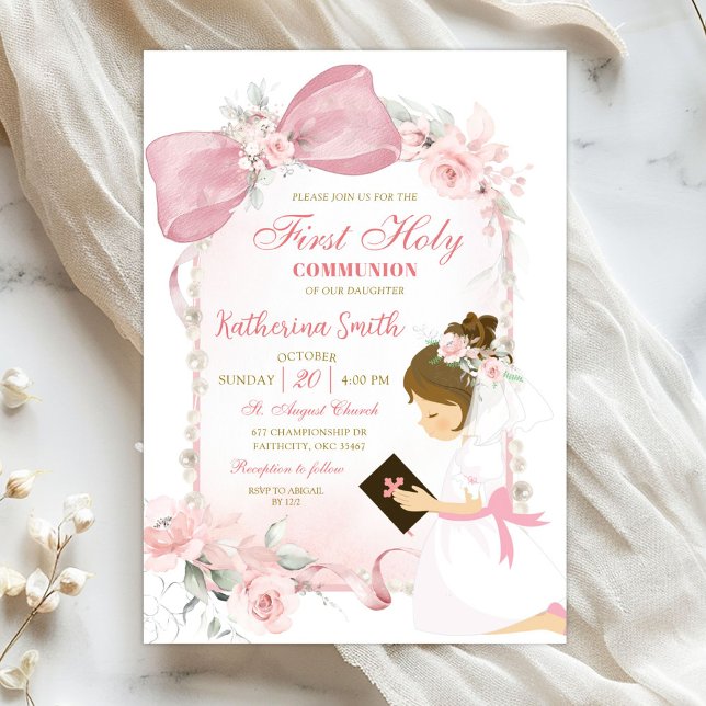 Invitation Pink Floral Bow Girl First Holy Communion (Créateur téléchargé)