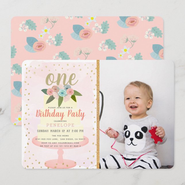 Invitation Pink Floral Cake Girl Photo 1er anniversaire (Devant / Derrière)