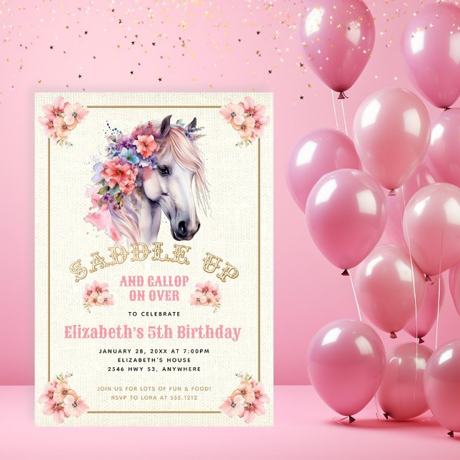 Invitation Pink Floral Cheval Blanc fête d'anniversaire (Créateur téléchargé)