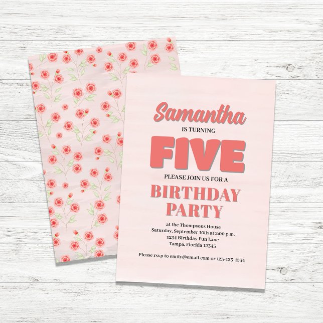 Invitation Pink Floral cinquième anniversaire Modèle de la fê (Pink Girl Birthday Party Custom Invitations.)