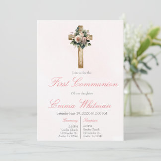 Invitation Pink floral cross first communion 