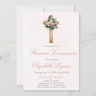 Invitation Pink floral cross first communion Spanish 