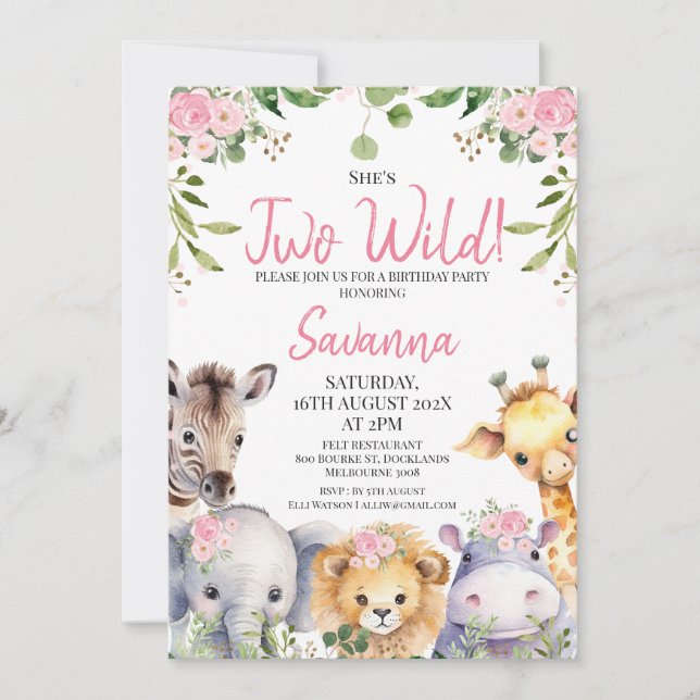 Invitation Pink Floral Deux animaux sauvages Safari 2e annive (Devant)