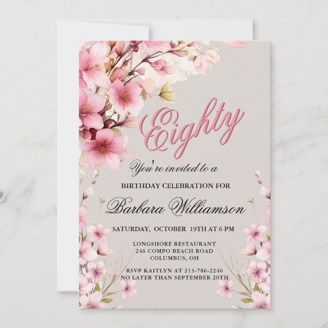 Invitation Pink Floral Elegance 80e fête d'anniversaire (Devant)