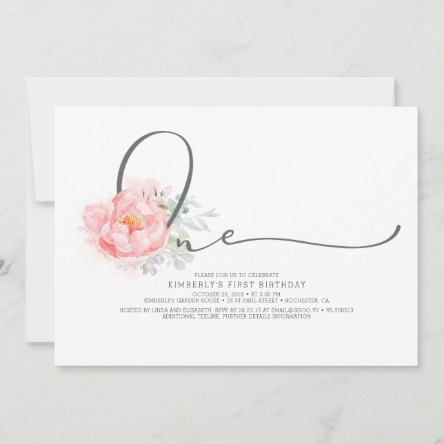 Invitation Pink Floral Élégant Script Typographie 1er anniver (Devant)