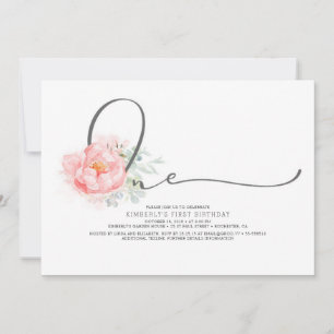 Invitation Pink Floral Élégant Script Typographie 1er anniver