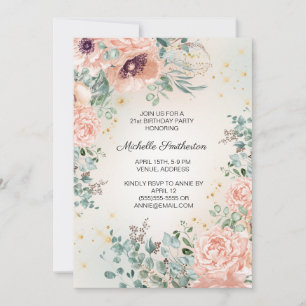 Invitation Pink Floral Foliage Gold Parties scintillant 21e a