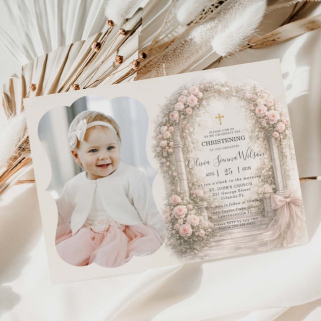 Invitation Pink Floral Garden Bow Baptism Christening Photo (Créateur téléchargé)
