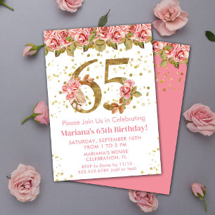 Invitation Pink Floral Gold Parties scintillant 65e fête d'an