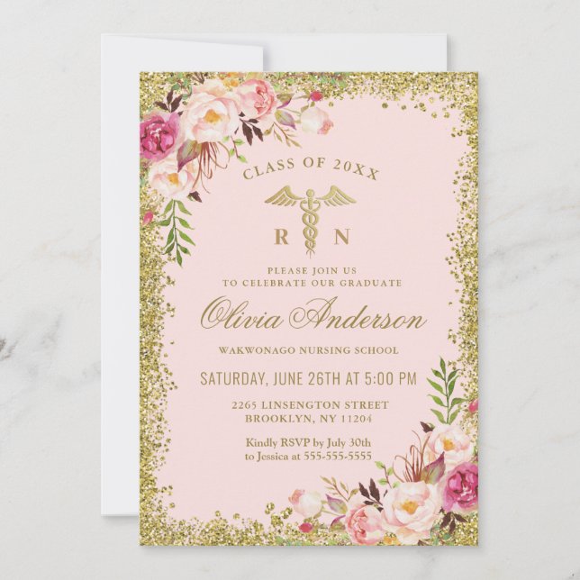Invitation Pink Floral Gold Parties scintillant Infirmière di (Devant)