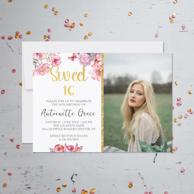 Invitation Pink Floral Gold Script Sweet 16 Anniversaire Phot (Créateur téléchargé)