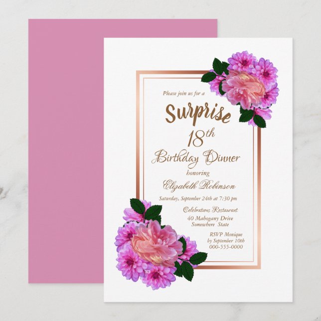 Invitation Pink Floral Gold Surprise 18e anniversaire Dîner (Devant / Derrière)