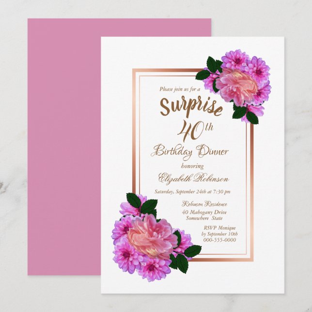 Invitation Pink Floral Gold Surprise Dîner d'anniversaire 40e (Devant / Derrière)