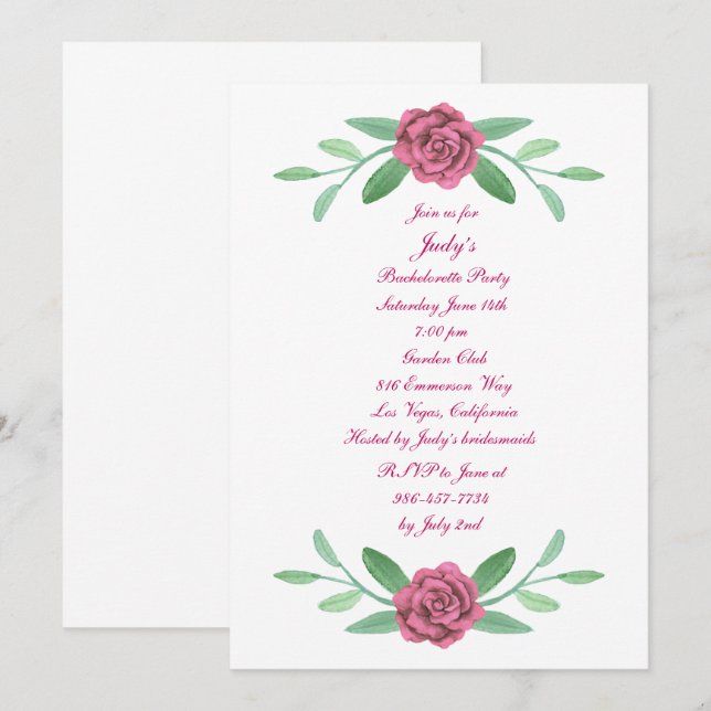 Invitation Pink Floral Green Foliage Bachelorette Party (Devant / Derrière)