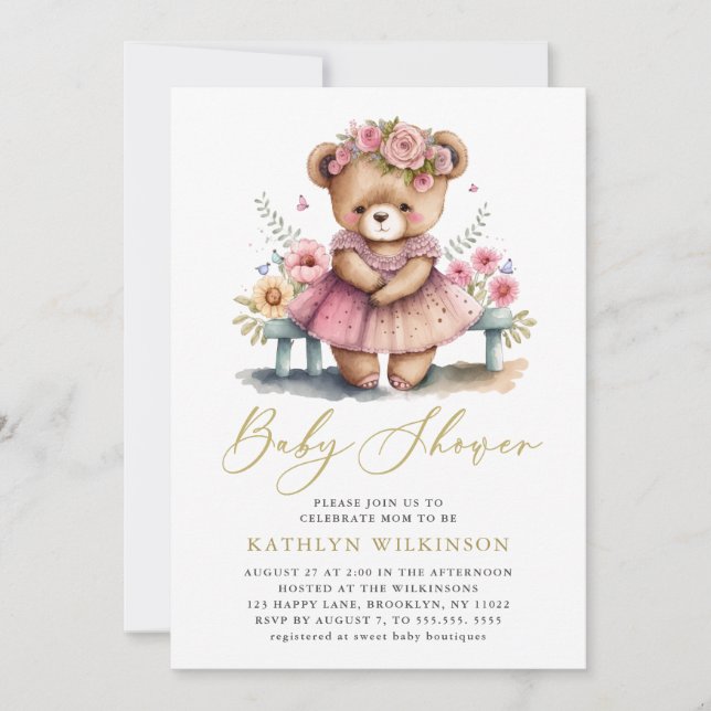 Invitation Pink Floral Greenery Élégant Baby shower Script (Devant)
