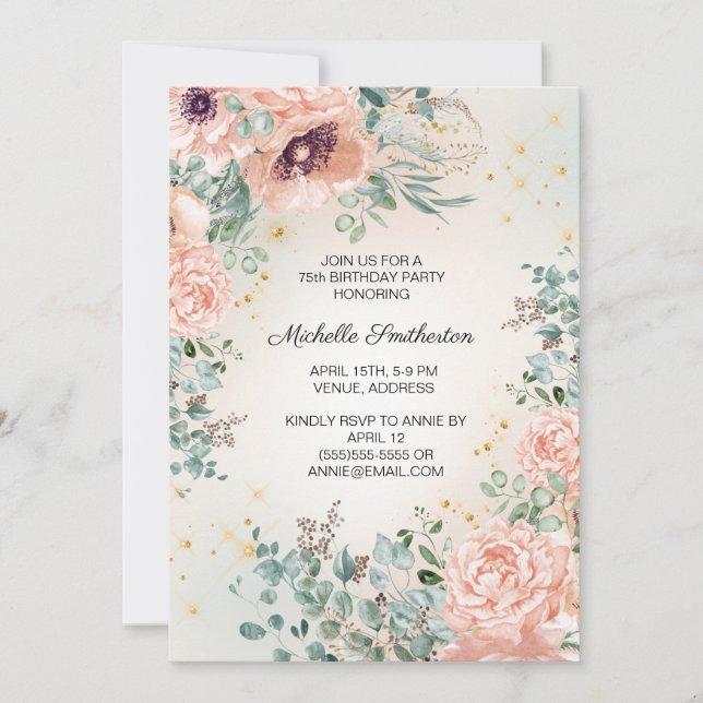 Invitation Pink Floral Greenery Gold Parties scintillant 75e  (Devant)