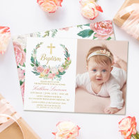 Pink Floral Greenery Wreath Girl Baptism Photo