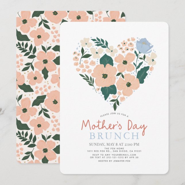 Invitation Pink Floral Heart Fête des Mères Brunch (Devant / Derrière)