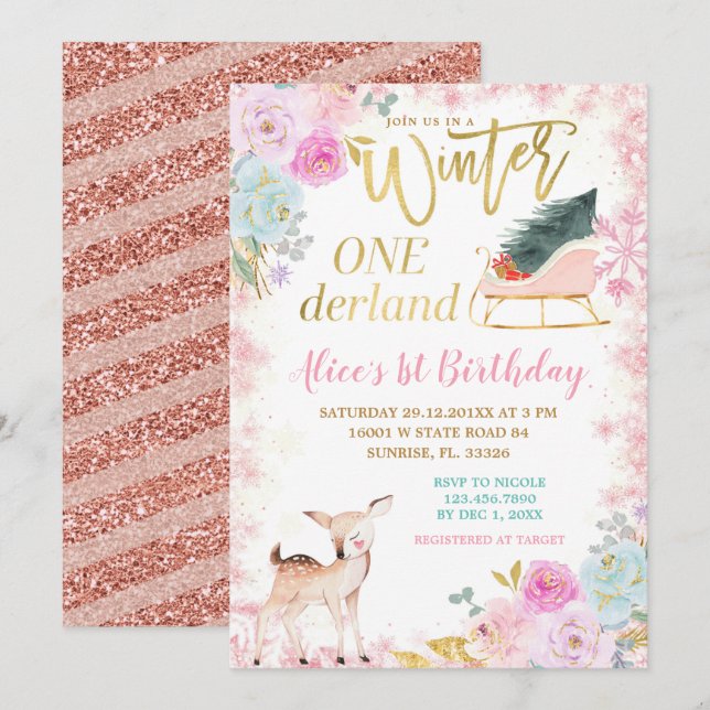 Invitation Pink Floral Hiver Onederland Sleigh Anniversaire (Devant / Derrière)
