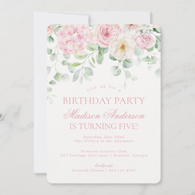 Invitation Pink Floral Hydrangea Botanique Anniversaire (Devant)