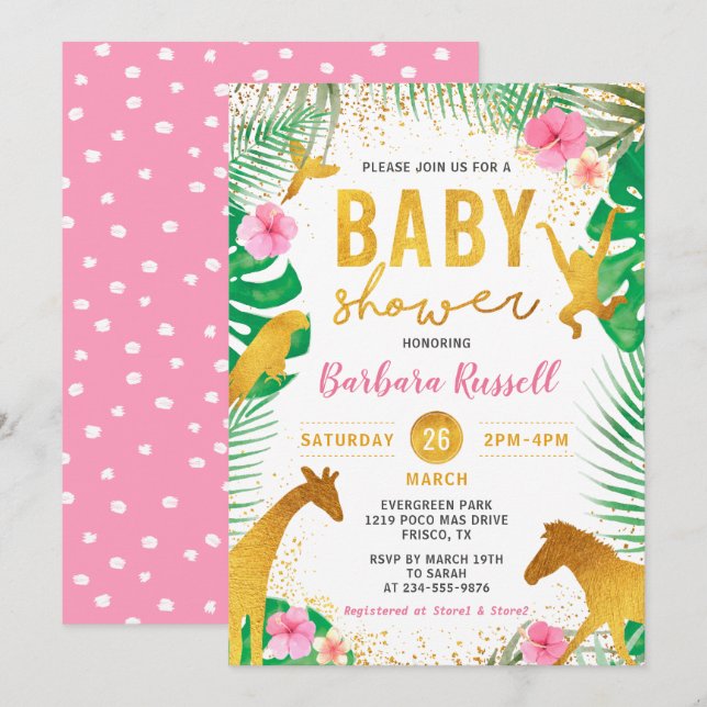 Invitation Pink Floral Jungle Animaux Safari Baby shower fill (Devant / Derrière)