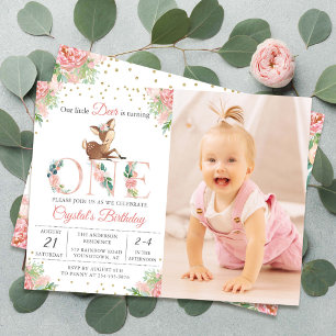 Invitation Pink Floral Little Deer Photo Premier anniversaire