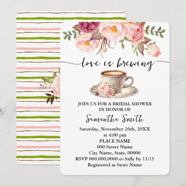 Invitation Pink Floral Love brasse Fête des mariées Café (Devant / Derrière)