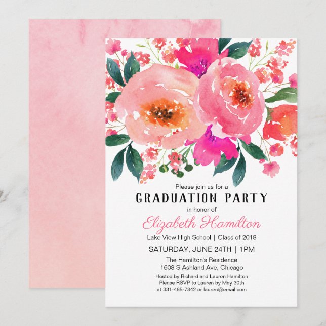 Invitation Pink Floral Lovely Bouquet Graduation Party (Devant / Derrière)