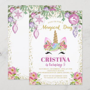Invitation Pink Floral Magique Noël Unicorn Anniversaire
