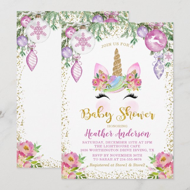 Invitation Pink Floral Magique Noël Unicorn Baby shower (Devant / Derrière)
