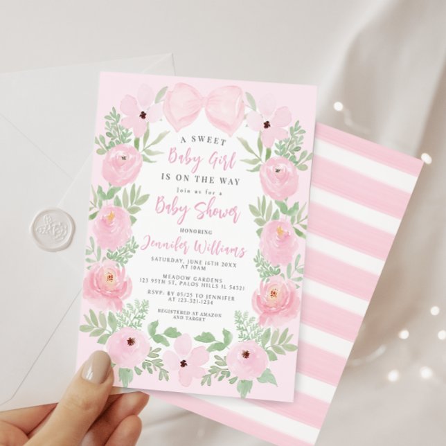 Invitation Pink floral mignon arc boho chic bébé fille douche (Créateur téléchargé)