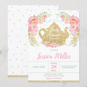 Invitation Pink Floral Mint Baby shower Tea Party Baby Girl
