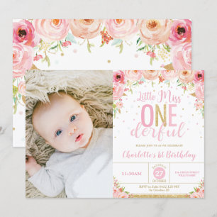 Invitation Pink Floral Miss Onederful 1er anniversaire Photo