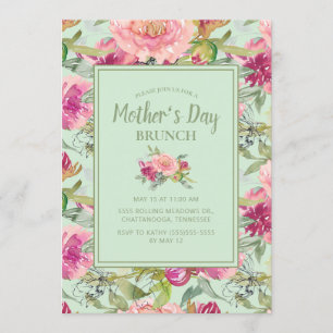 Invitation Pink Floral Neo Mint Vert Fête des Mères Brunch