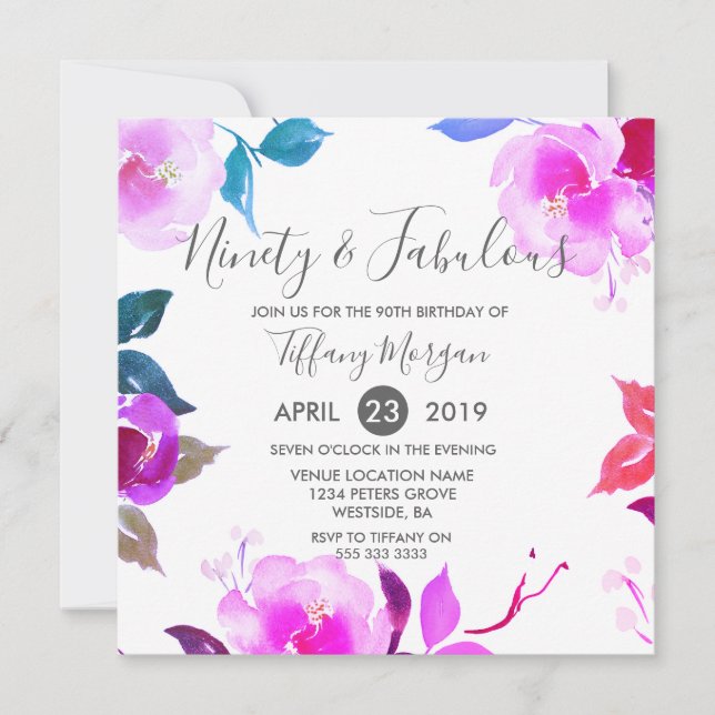 Invitation Pink Floral Ninety et fabuleux 90e anniversaire fê (Devant)