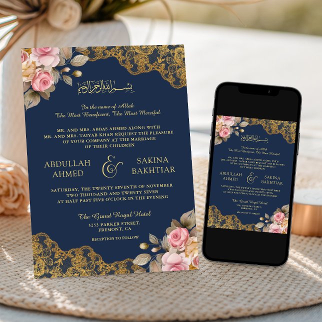 Invitation Pink Floral or dentelle marine bleu Mariage musulm (Créateur téléchargé)