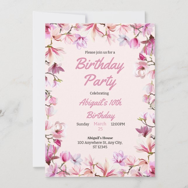 Invitation Pink Floral Personnalisable Anniversaire Fête Invi (Devant)