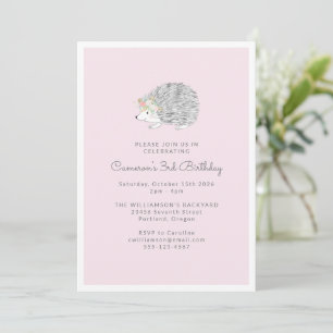 Invitation Pink Floral Porcupine Cute 3e fête d'anniversaire