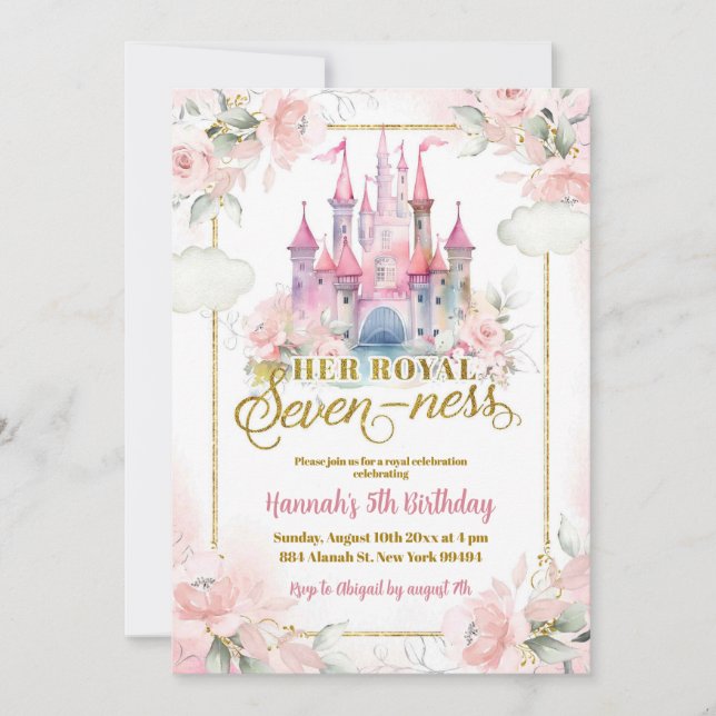 Invitation Pink Floral Princess Royal Castle 7e anniversaire (Devant)
