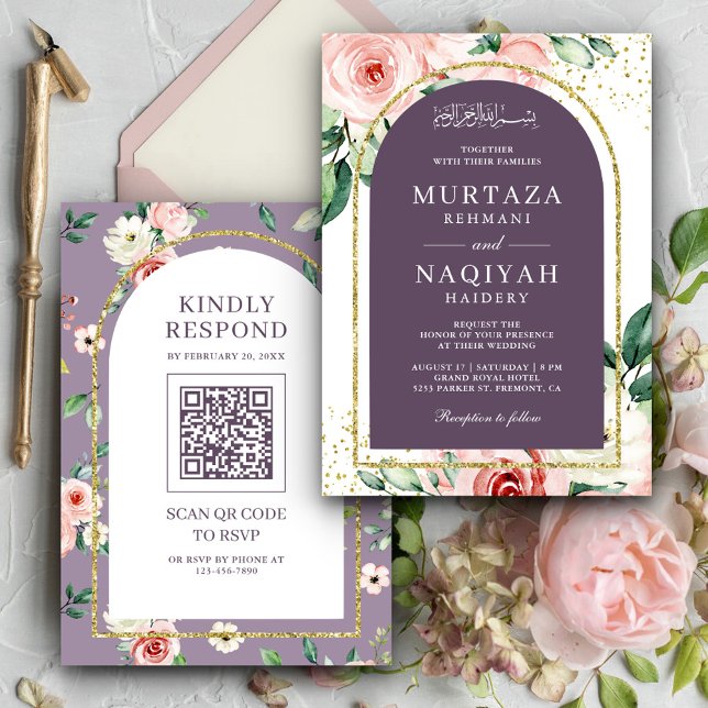 Invitation Pink Floral Purple Arch QR Code Mariage musulman (Créateur téléchargé)