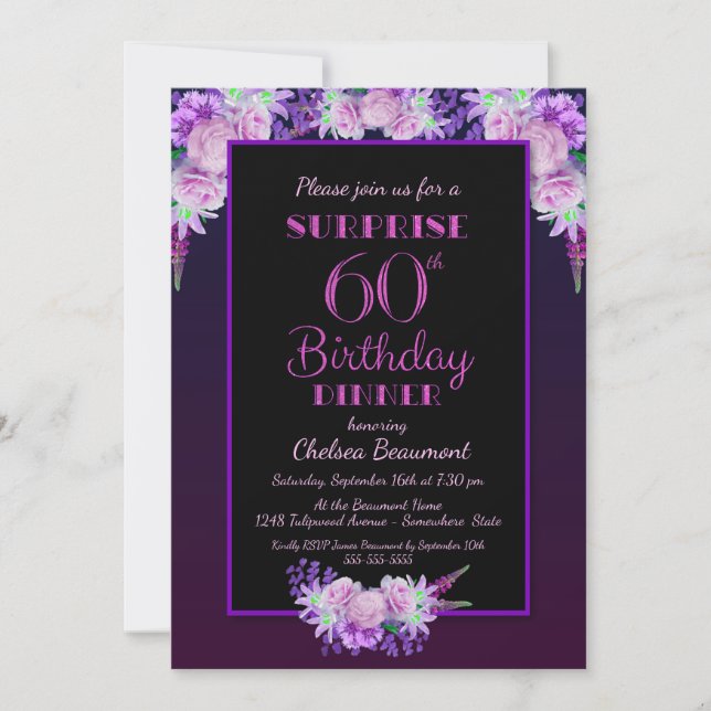 Invitation Pink Floral Purple Surprise 60e anniversaire Dîner (Devant)