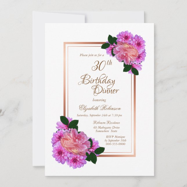 Invitation Pink Floral Rose Gold Border 30e anniversaire Dîne (Devant)