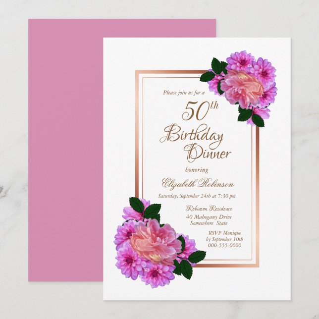 Invitation Pink Floral Rose Gold Border 50e anniversaire Dîne (Devant / Derrière)