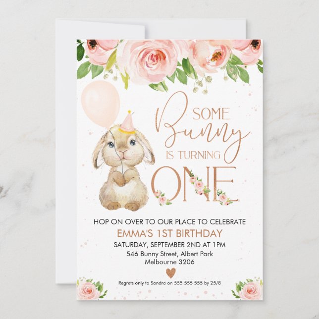 Invitation Pink Floral Rose Gold Bunny 1er anniversaire (Devant)